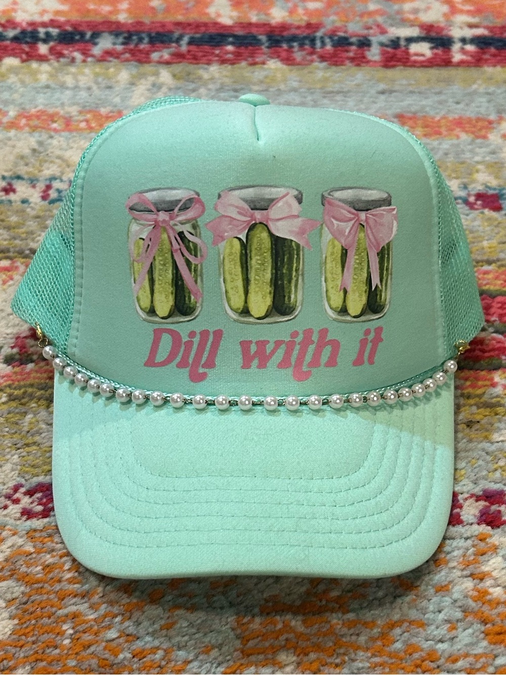 “Dill With It” Mint Trucker Hat with Rhinestone Hat Chain included!